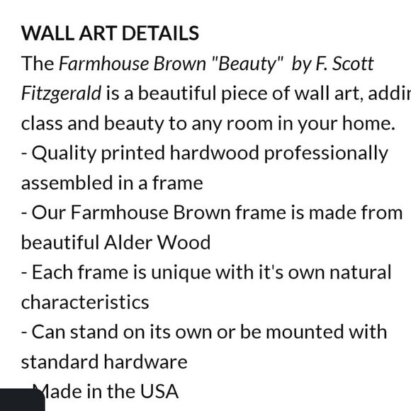 Petal Lane Homes "Beauty" Scott Fitzgerald Wooden Framed Wall Decor - Picture 6 of 7